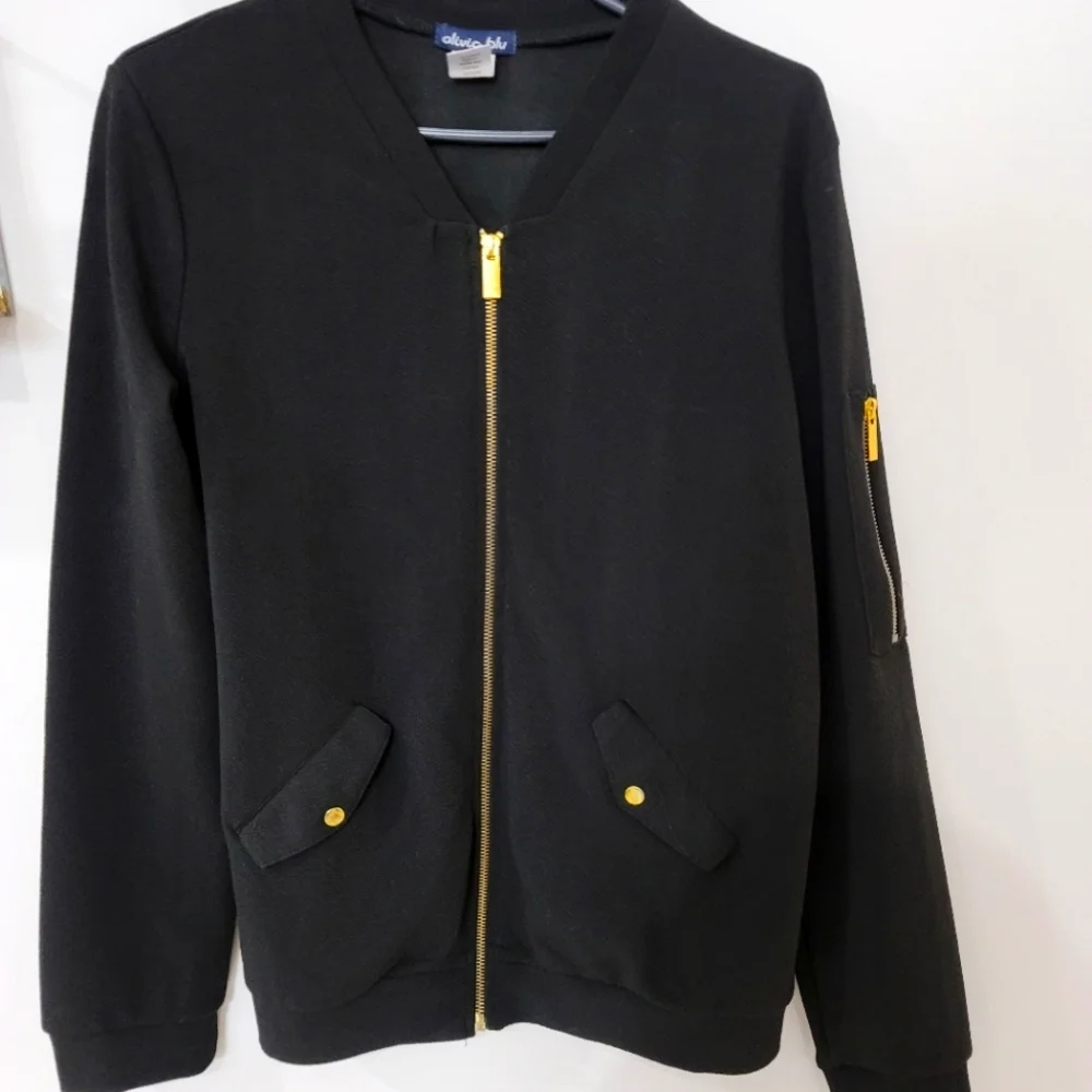 Olivia Blu Black Bomber Jacket With Gold Zipper Detailing​ - Picture 2 of 12